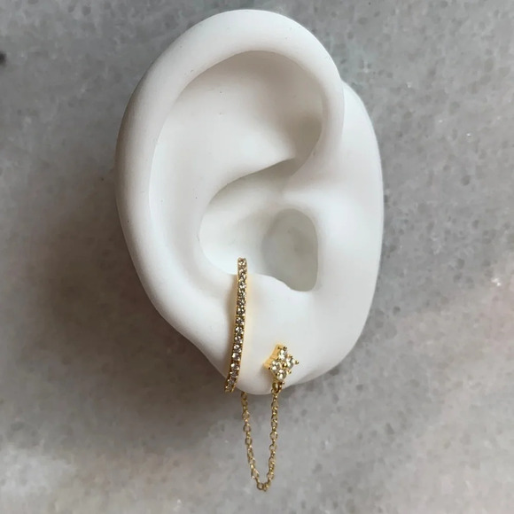 18K Gold Crystal Chain Stud Earrings - Picture 2 of 5